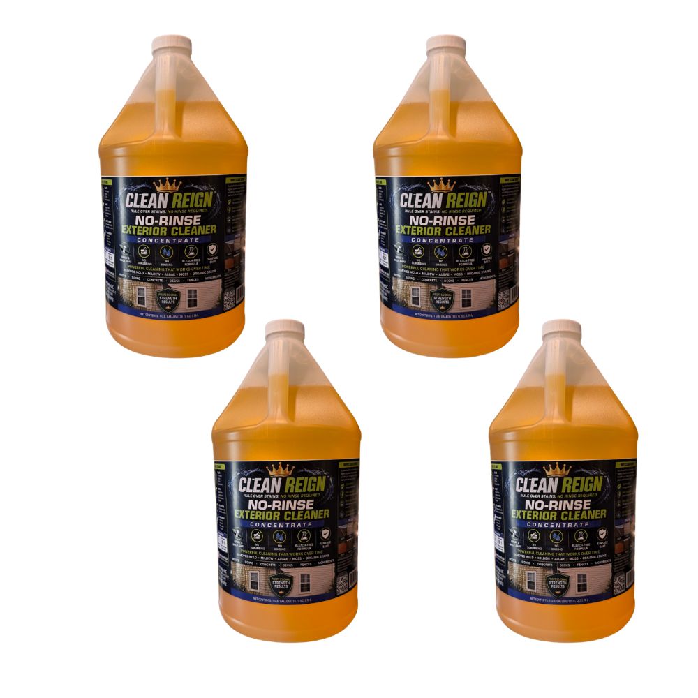 Four bottles of Clean Reign No-Rinse Exterior Cleaner on a white background